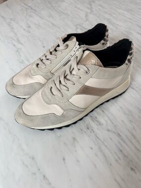 Geox Women's White, Silver & Grey Leather Suede Sneakers with Leopard Accent